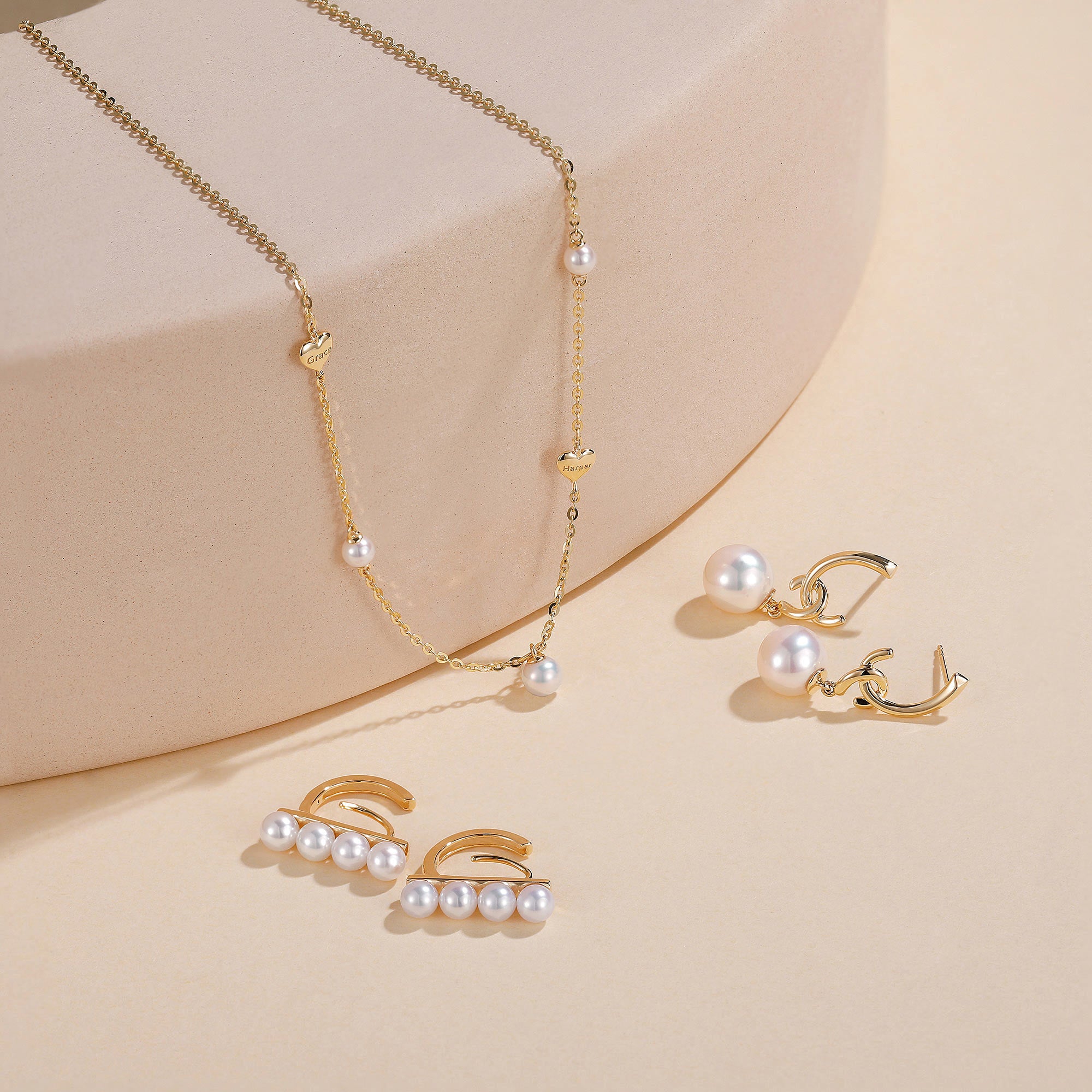 custom engraved necklace, asymmetrical necklace, pearl jewelry set, cultured freshwater pearls, gold necklace for girlfriend