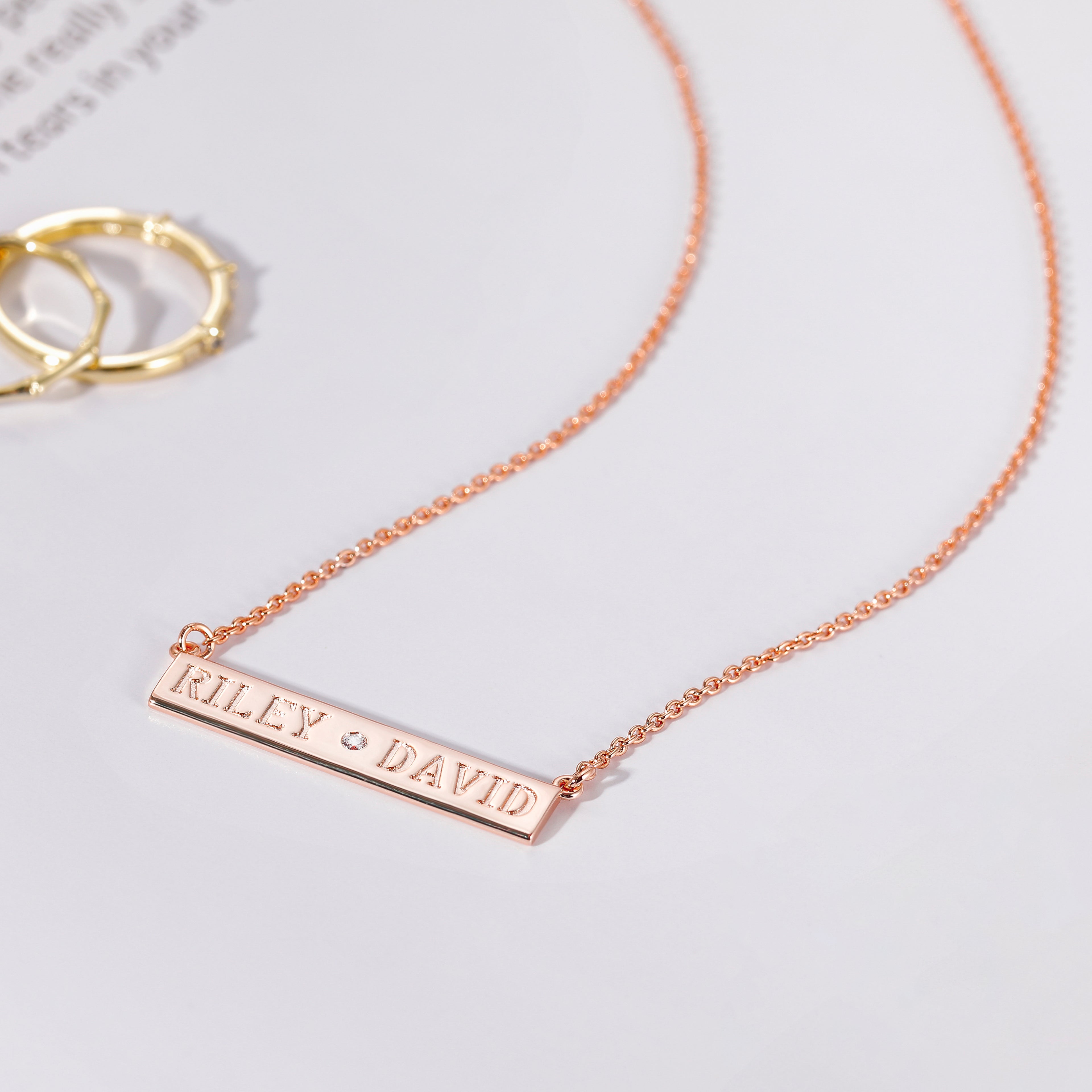 engravable necklace, diamond name necklace, rose gold necklace, personalized necklace name, gemstone necklace for women