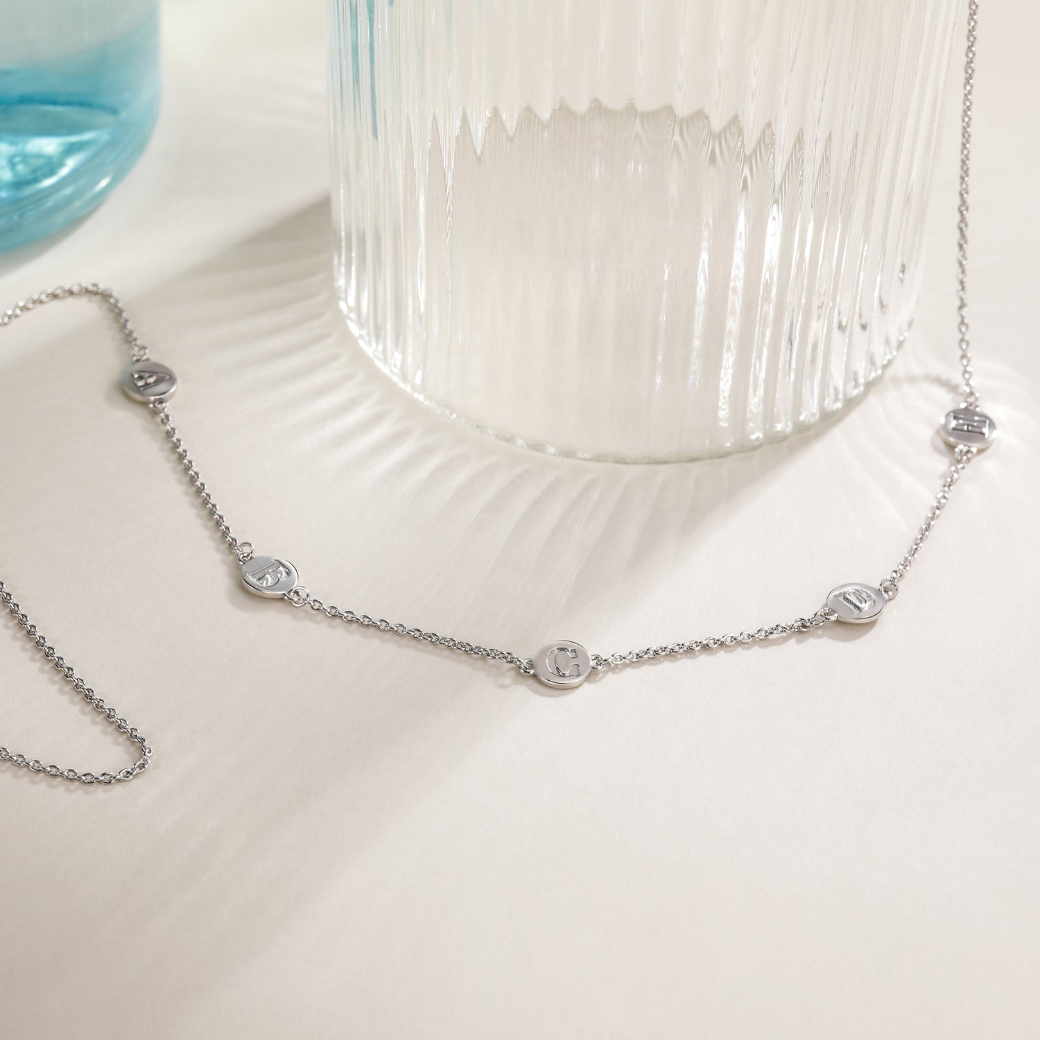 customized initial necklace, asymmetrical initial necklace, white gold necklace for women, simple necklace, white gold chain