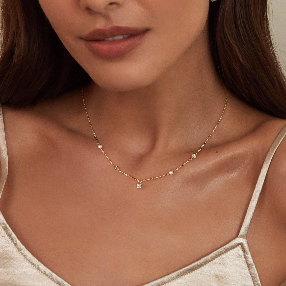 gold and pearl necklace, custom heart necklace, personalized mom necklace, gold necklace for women, freshwater pearl necklace
