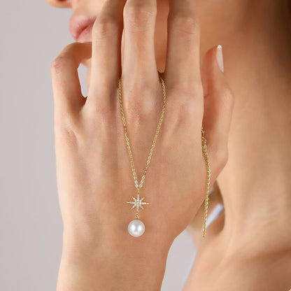 gold star necklace,  dainty pearl necklace,white pearl, pearl and diamond necklace, pearl pendant necklace, mother pearl
