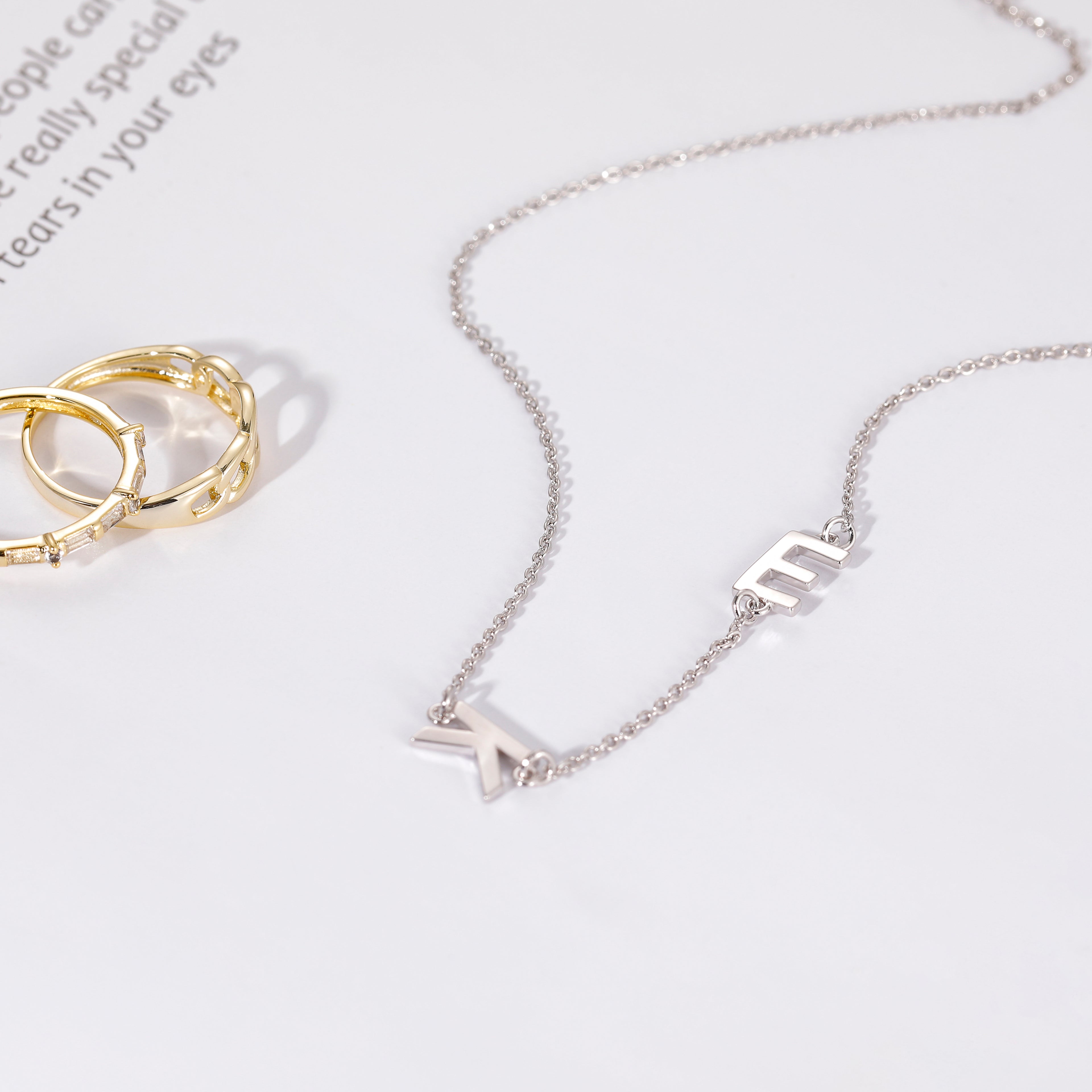 gold necklace with initial, asymmetrical initial necklace, white gold necklace for women, white gold initial necklace, mother&