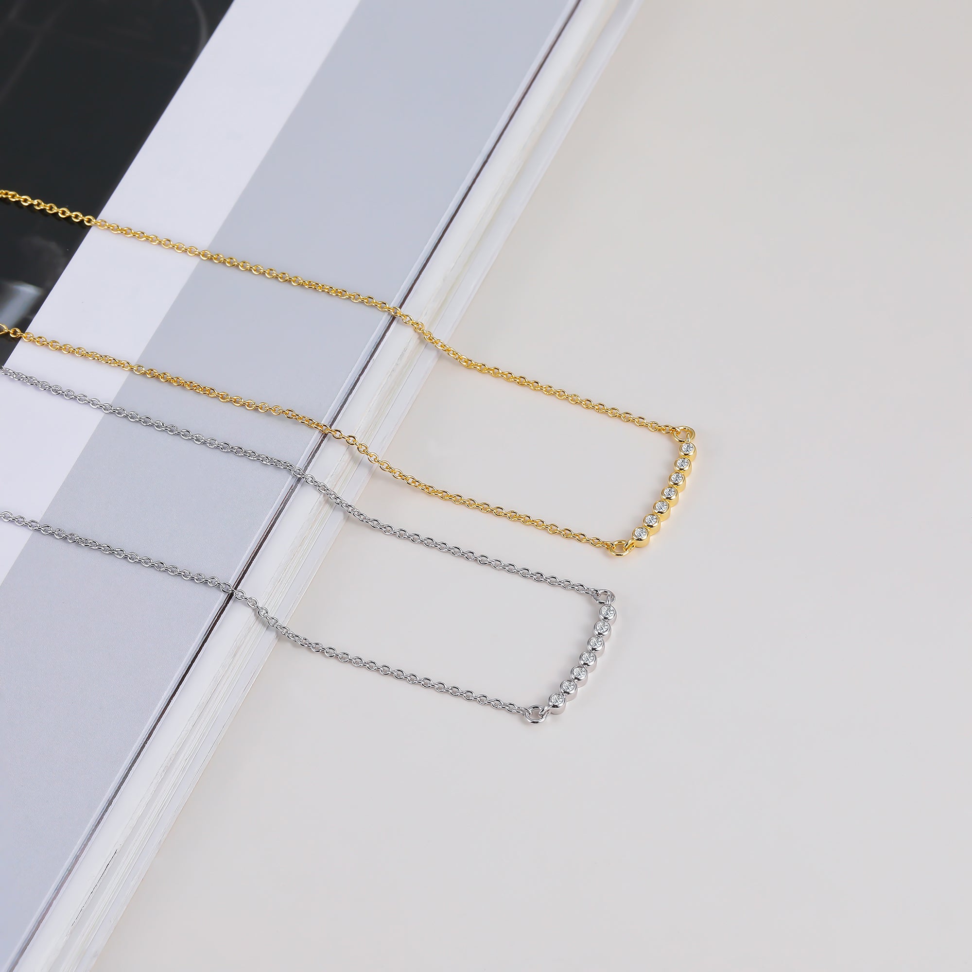 bar necklace, diamond necklace, white gold necklace for women, stoned jewelry, 14K gold jewelry