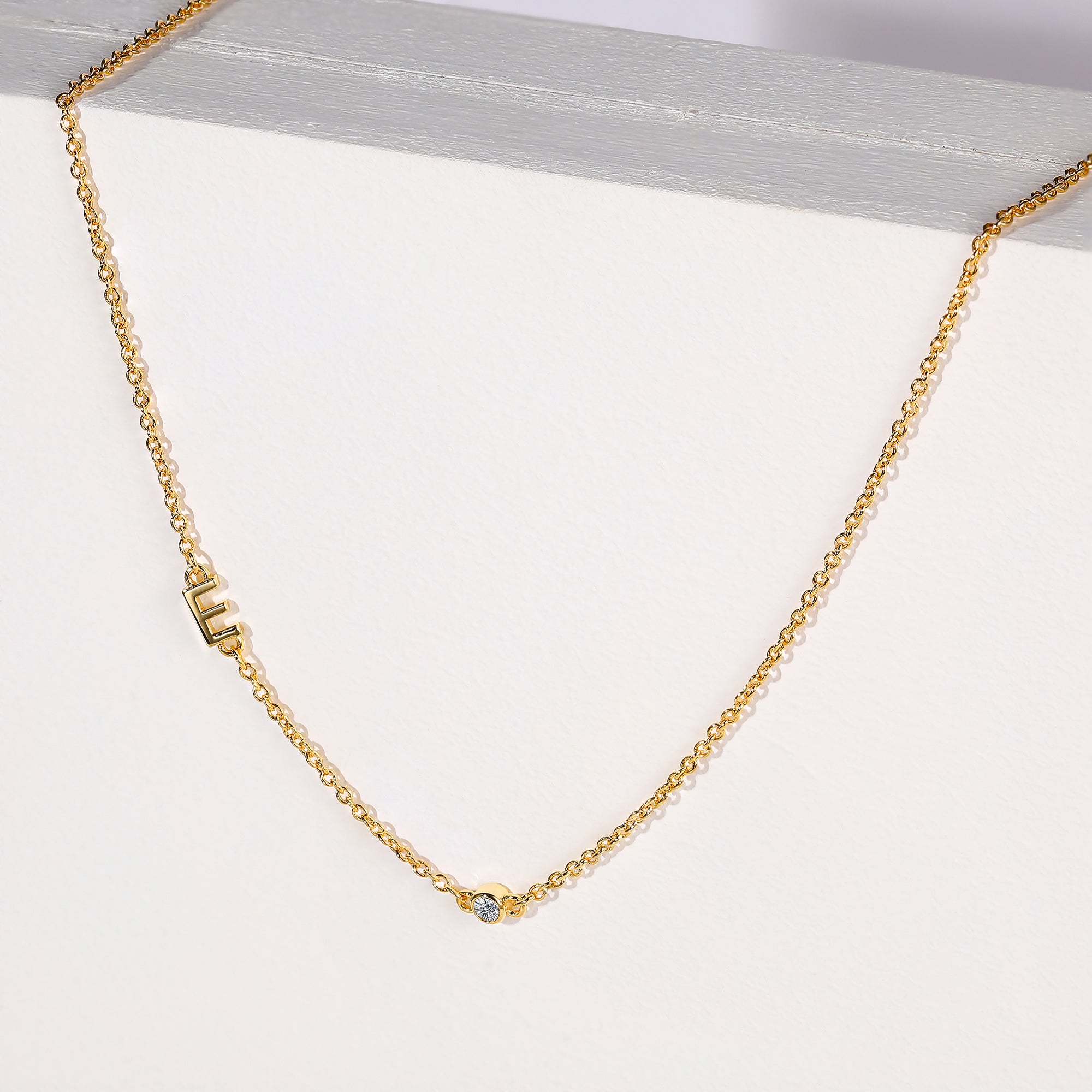 birthstone initial necklace, 14K gold initial necklace, custom birthstone necklace, gold jewelry for women, asymmetrical initial necklace