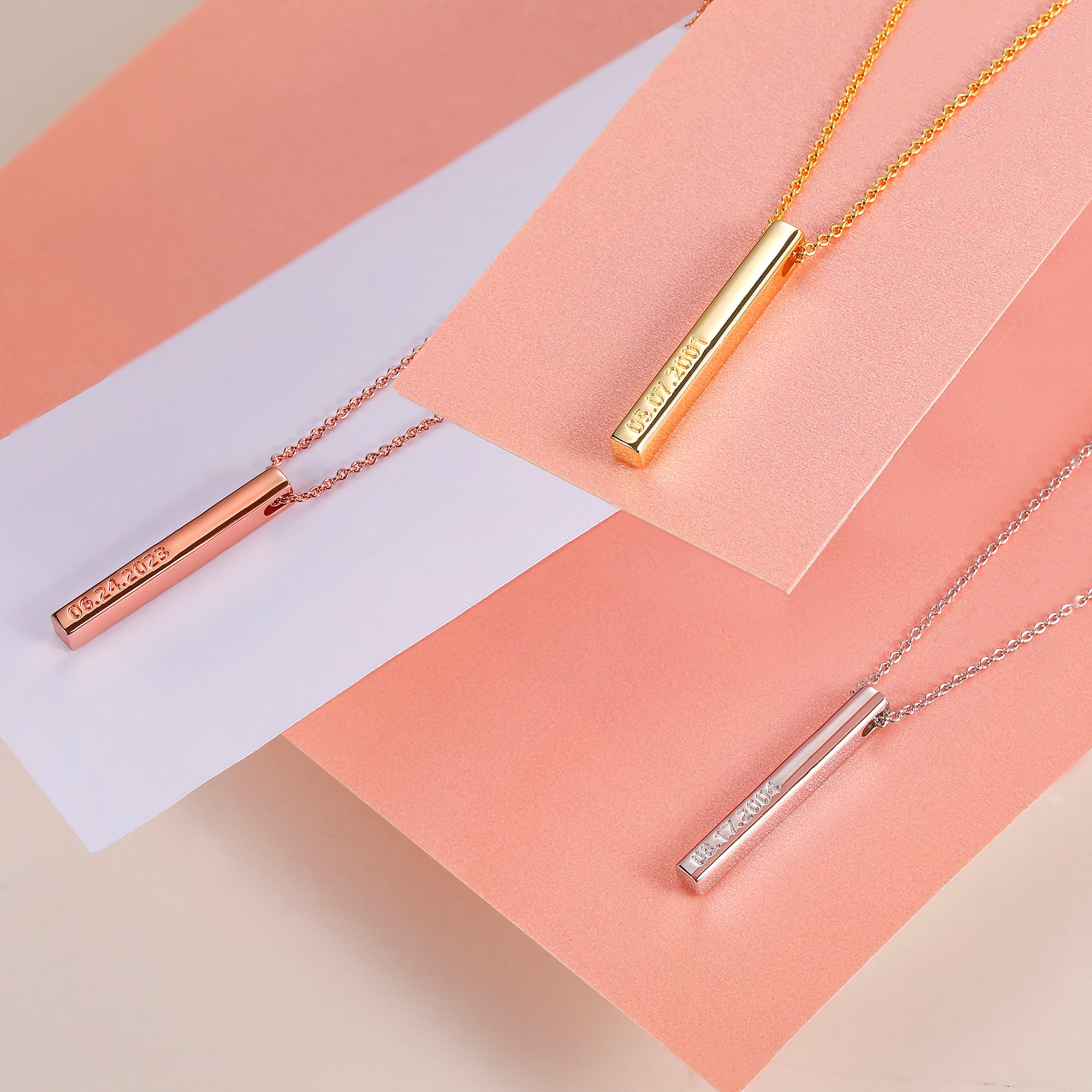 Vertical 3d Bar Necklace with Diamonds in 18k Rose Gold Plating - MYKA