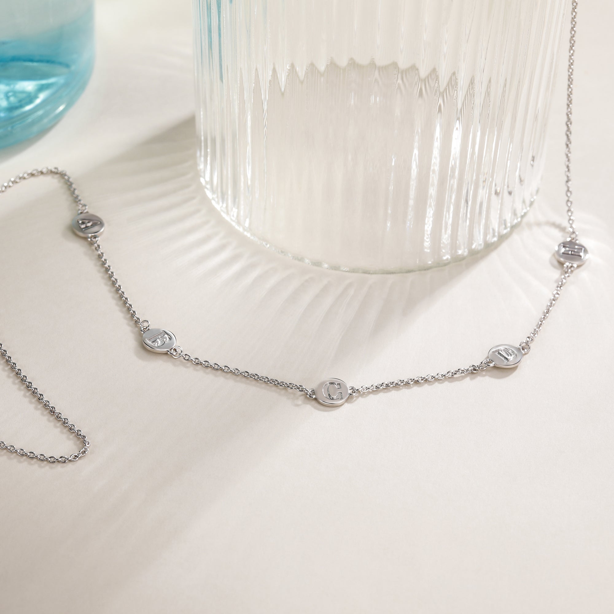 customized initial necklace, asymmetrical initial necklace, white gold necklace for women, simple necklace, white gold chain