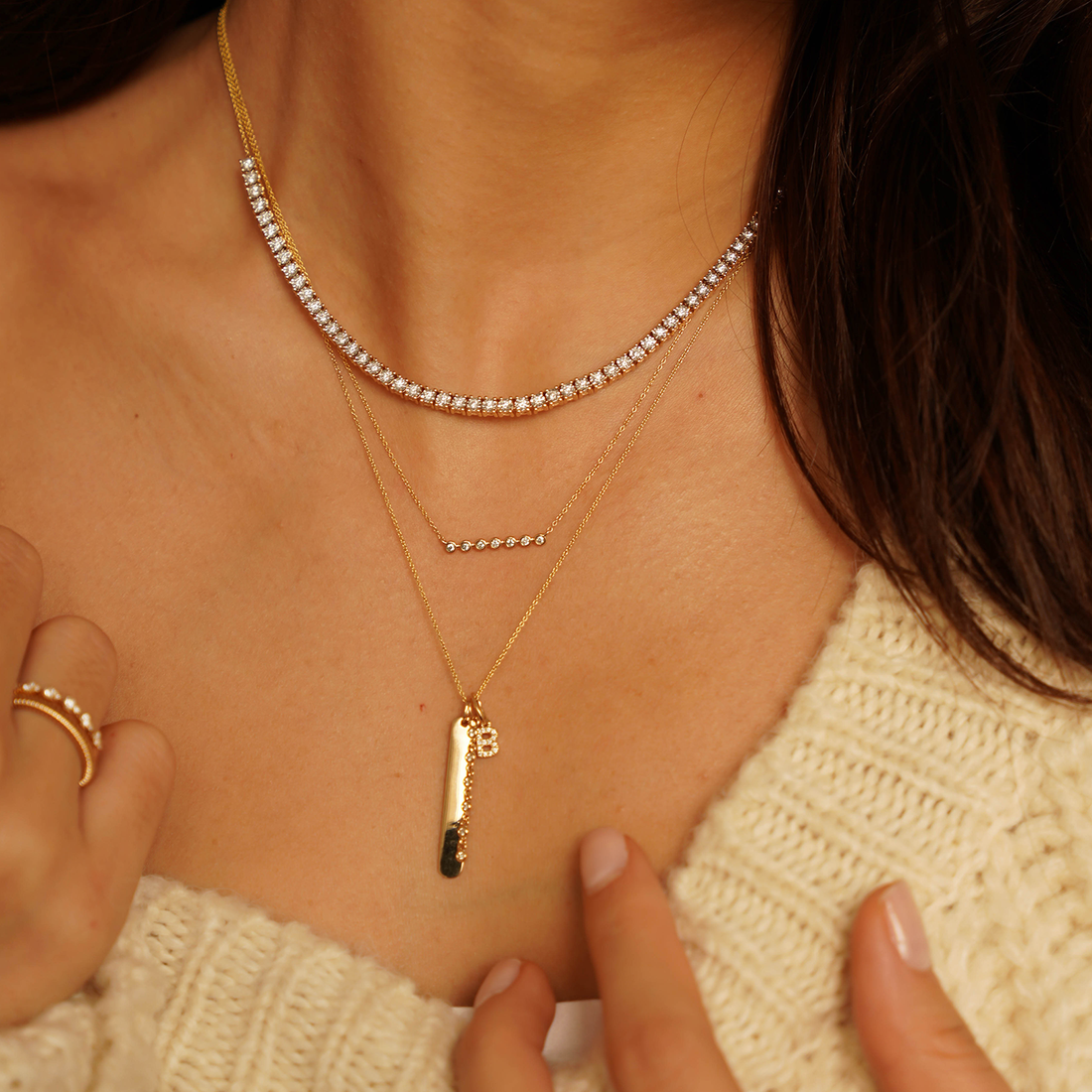 diamond bar necklace,14K gold bar pendant, gemstone bead necklace, layer necklace,  elegant gifts