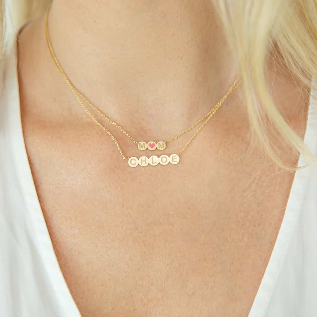 gold heart initial necklace, gold layering necklace, solid gold necklace, double initial necklace, mother necklace