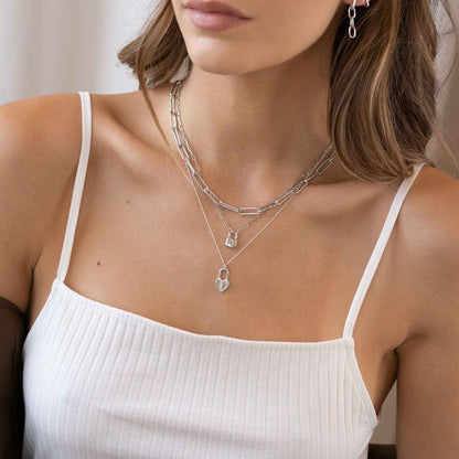 white gold necklace,custom engraved necklace,lock pendant necklace,custom valentine&